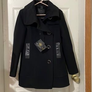 NWT black wool and leather coat. Size Large, hits mid/ thigh.